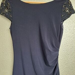 Eliza J. Navy Blue Beaded Shoulders With Ruched Side Cocktail Dress   Size 6
